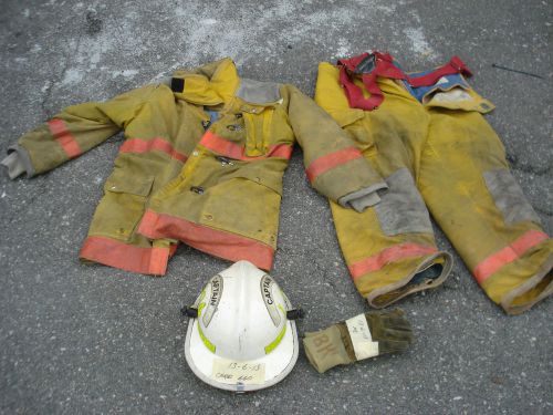 Firefighter turnout bunker gear set helmet gloves pants 44x29 jacket l 35 for sale