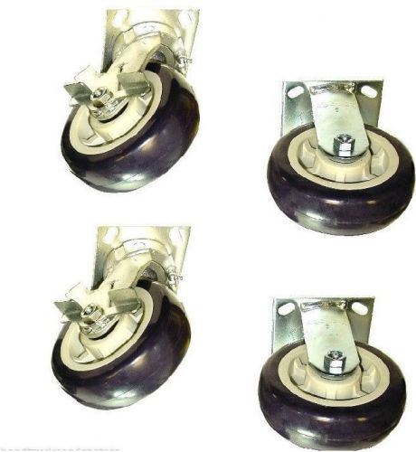 Set of 4 plate casters 5&#034; wheels  (2) swivel kingpinless with brakes &amp; (2) rigid for sale