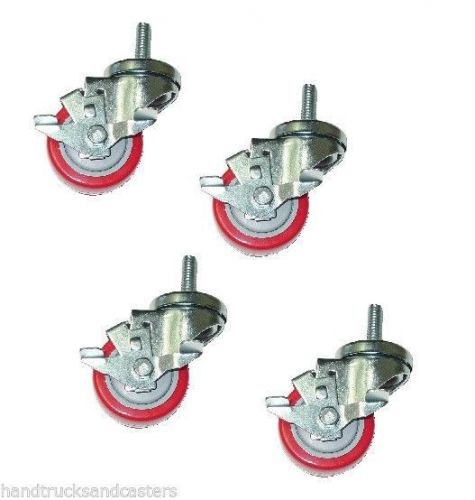 Set of 4 stem casters 3&#034; red polyurethane wheels &amp; 3/8&#034; threaded stem w/ brakes for sale
