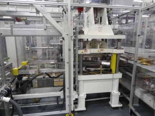 25-Ton 4-Post Press with Heated Platen/ Pallet Shuttle Conveyor/ Hydraulic Pump
