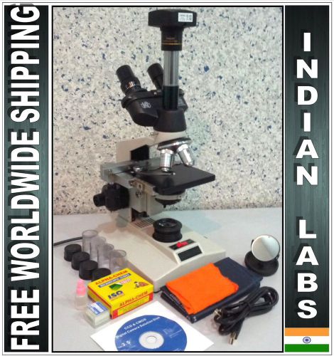 Research Trinocular Microscope 40-1500X+ 5 Megapixel USB Camera +Software+Slides