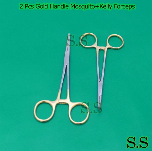 2 PCS GOLD HANDLE SUTURE KIT MOSQUITO FORCEPS 5&#034;+KELLY FORCEPS 5.5&#034; STRAIGHT