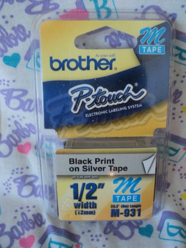 New Brother P-Touch M Tape 1/2&#034; Width M-931 Black Print on Silver Tape