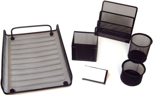 Black 6 Piece Office Supply Mesh Desk Set Letter Tray Pencil Cup Card Holder New