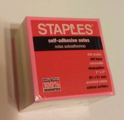 Staples Self-Adhesive Notes 400 Sheets Assorted Neon Colors 2&#034;x2&#034; Removable NEW
