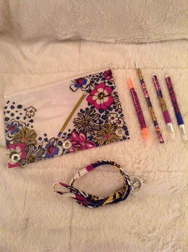 Vera Bradley AFRICAN VIOLET LOT; 3 Ring Pencil Pouch, Lanyard, Pens, &amp; Pencil