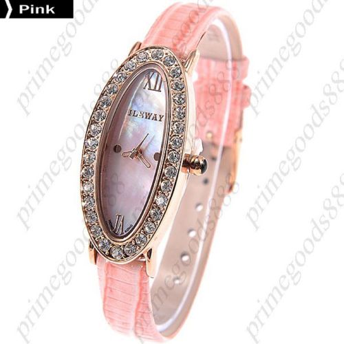 Oval Analog Rhinestones Genuine Leather Quartz Wrist Wristwatch Women&#039;s Pink