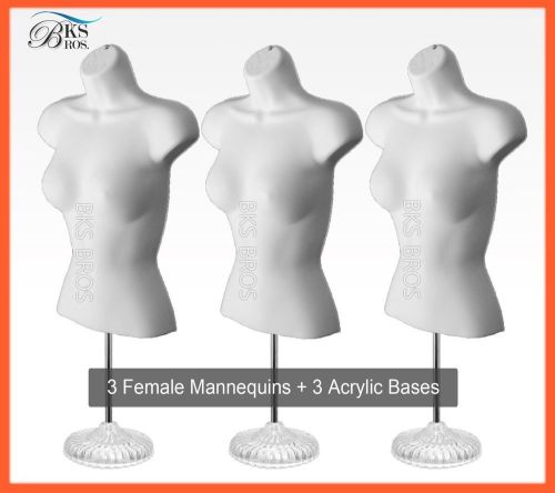 3 White Female Mannequin Torso w/Acrylic Stand + Hanging Hook Dress Form Women