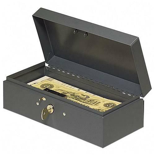 Cash box, piano hinges, key entry, 10 1/4&#034; x 4 3/4&#034; x 2 7/8&#034; gy. sold as each for sale