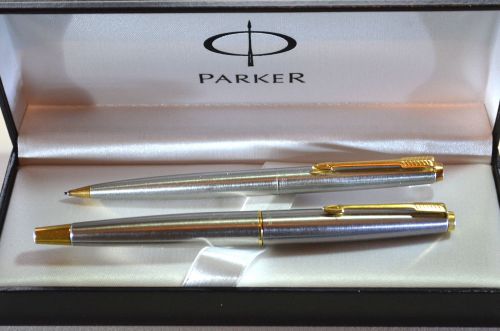 VINTAGE PARKER 45 BRUSHED STEEL FOUNTAIN PEN &amp; MECHANICAL PENCIL,MADE IN U.S.A