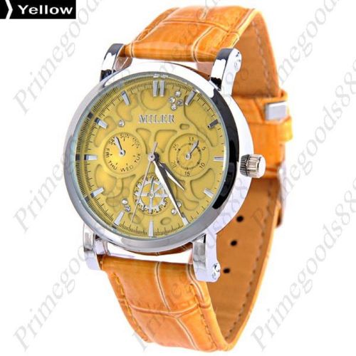 Round PU Leather Lady Ladies Analog Wrist Quartz Wristwatch Women&#039;s Yellow