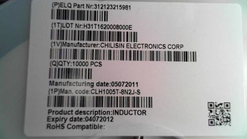 12080-PCS INDUCTOR/TRANSFORMER CHILISIN CLH1005T-8N2J-S 1005T8N2 CLH1005T8N2JS