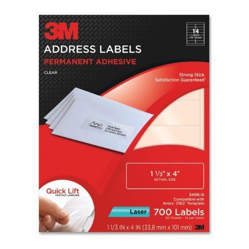 3M Permanent Adhesive Address Labels, 1.33 x 4 Inches, Clear, 700 per Pack