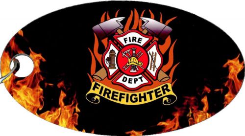 Firefighter Fire &amp; Rescue Logo Flames Hero Aluminum Oval Keychain Key Chain NEW