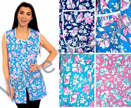 Womens Floral Overall Tabard Sleeveless Buttoned Blue Pink Turquoise NavyUK Made