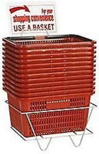 SET OF 12 RED PLASTIC SHOPPING BASKETS - INCLUDES STAND &amp; SIGN
