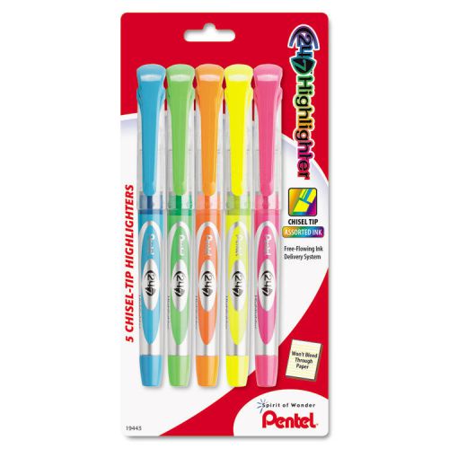 &#034;pentel 24/7 highlighter, chisel tip, blue/green/orange/pink/yellow ink, 5/set&#034; for sale
