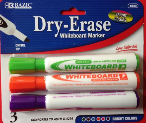NEW BAZIC Bright Color Chisel Tip Dry-Erase Markers (3/Pack) Purple Green Orange