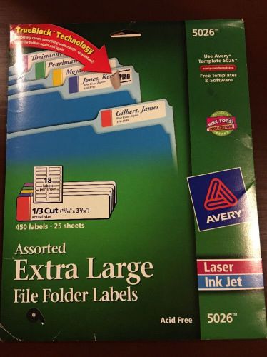 Avery New #5026 Asst Extra Large 450 File Folder Labels 25 Sheets Retail $29.99