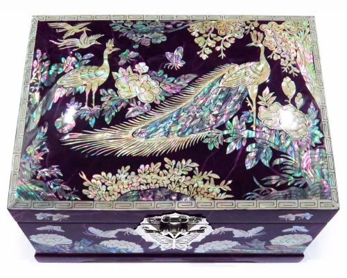 Jewelry box wood korean mother of pearl inlay peacock purple two level mirror for sale
