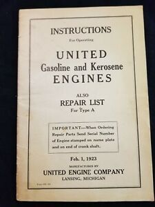 Vintage United Engine Company Gasoline Kerosene Engines Repair List Type A 1923