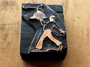 Antique Letterpress Copper wood PRINT BLOCK Butler carrying Steaming food Dish