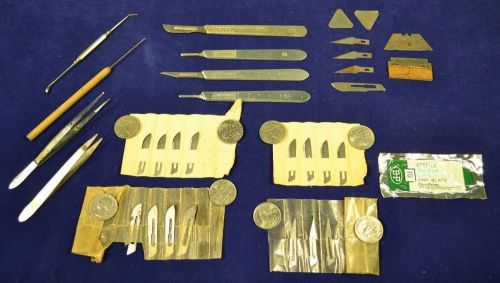 Vintage bard parker scalpel handles, blades + surgical tools + christy blades for sale