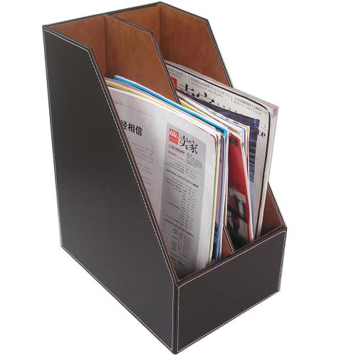 2-slot wood leather desk file holder tray document rack organizers cabinet brown for sale
