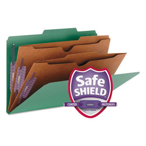 Pressboard Folders with Two Pocket Dividers, Legal, Six-Section, Green, 10/Box