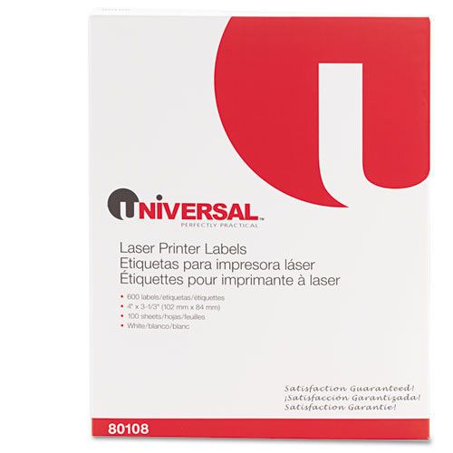 Universal Laser Printer Permanent Labels, 3 1/3 x 4 Label Size, White, 100