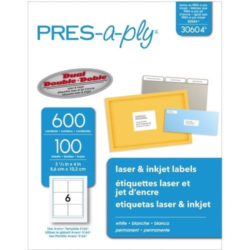 Avery Pres-A-Ply Standard Shipping Label -3.33&#034;Wx4&#034;L - 600/Box -Laser