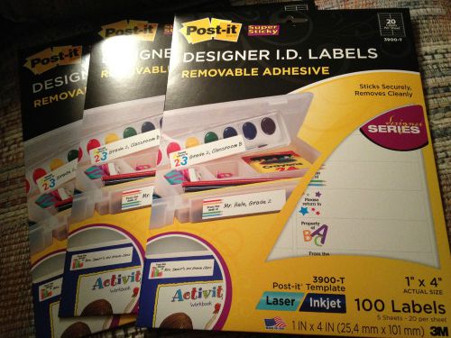 3 Post-it Designer Series I. D. Labels, 1&#034; x 4&#034;, 100/PK-Total 300 NEW SEALED