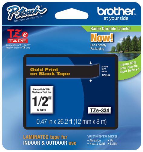 New P-Touch Brother International TZE-334 Gold on Black 1/2&#034; Laminated Tape