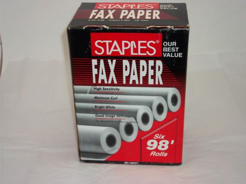 6 STAPLES FAX PAPER ROLLS # 269571 - 8 1/2&#034; x 98&#039; 1/2&#034; core Made in USA