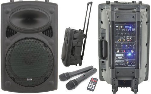 Qr15 15&#034; 100w portable pa system includes 2 handheld mics + 1 headset mic for sale
