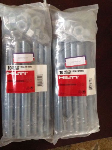 (2) two packs -20- Hilti HAS-E-34-10 Pkg of 10 Anchor Rods with Nuts and Washers