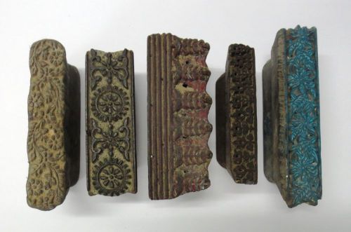 LOT OF 5 WOODEN HAND CARVED TEXTILE PRINTING FABRIC BLOCK STAMP VINTAGE BORDERS