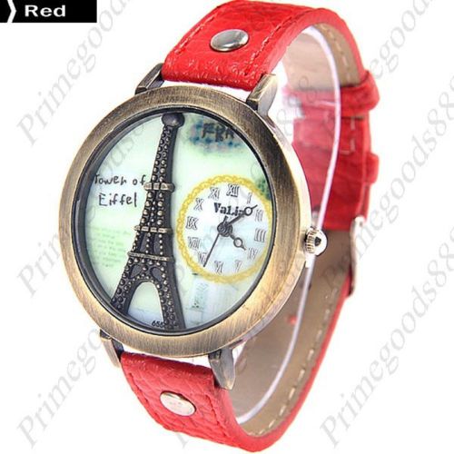 3D Eiffel Tower Round PU Leather Quartz Lady Ladies Wristwatch Women&#039;s Red
