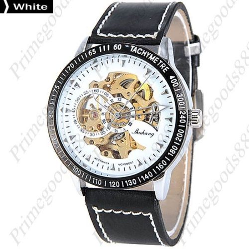 PU Leather Strap Auto Automatic Mechanical Wrist Men&#039;s Wristwatch Gold White