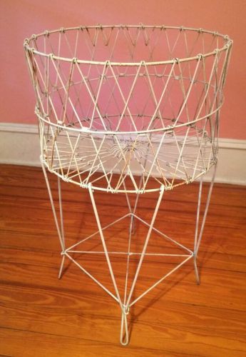 Vintage industrial collapsible laundry garden grocery basket wire display white for sale