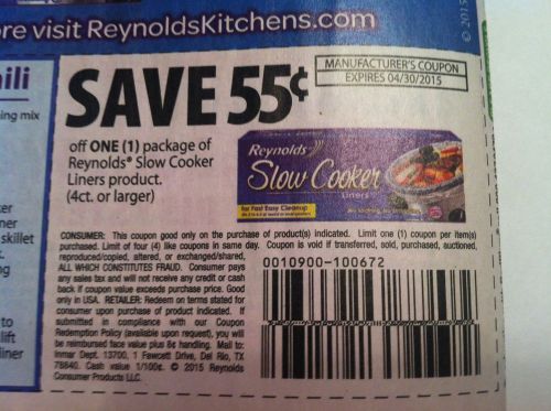 (10) $.55/1 Reynolds slow cooker liner...exp 4/30..free shipping