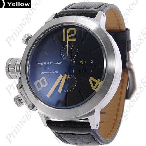 High End Silver Face Leather Quartz Sub Dials Date Men&#039;s Wrist Wristwatch Yellow