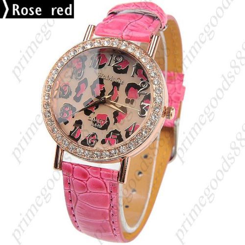 Round Leopard Rhinestone Quartz Wrist Wristwatch Free Shipping Women&#039;s Rose Red