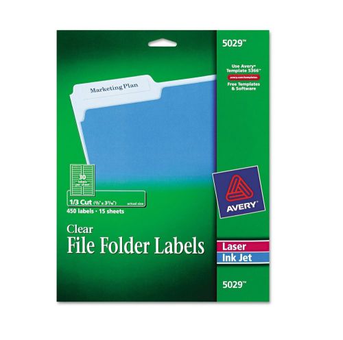 Avery 1/3 tab self-adhesive file labels clear 450 count laser or inkjet ave5029 for sale