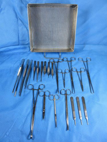 Lot of (21) Surgical Instruments in Sterilization Tray Forceps, Scissors Etc.