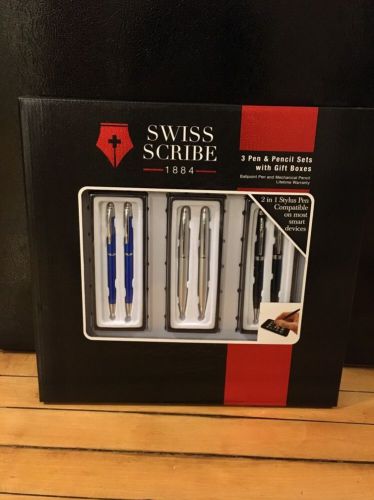 Swiss Scribe 3 Pen And Pencil Sets with Gift Boxes Blue, Silver, and Black