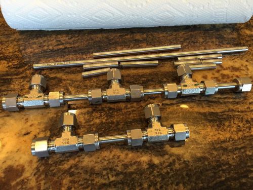 Swagelok 316 ss 3/8&#034; x 3/8&#034; x 3/8&#034; tee  5 pc lot  with tubing pieces for sale
