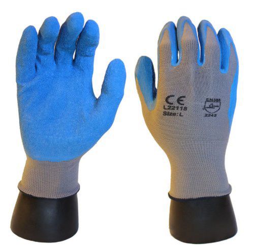 36 PAIRS Blue Premium Gray 13 Gauge Crinkle Palm Latex Work Glove - Small