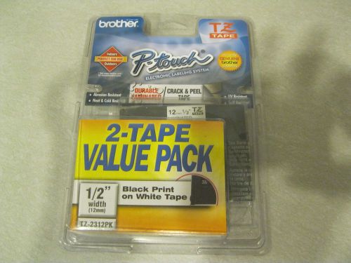 Brother P-Touch 1/2&#034; Width Black Print on White Tape  2-Tape Value Pack