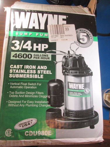 Wayne cast iron/ stainless steel sump submersible 3/4 hp 4600 gph pump cdu980e for sale